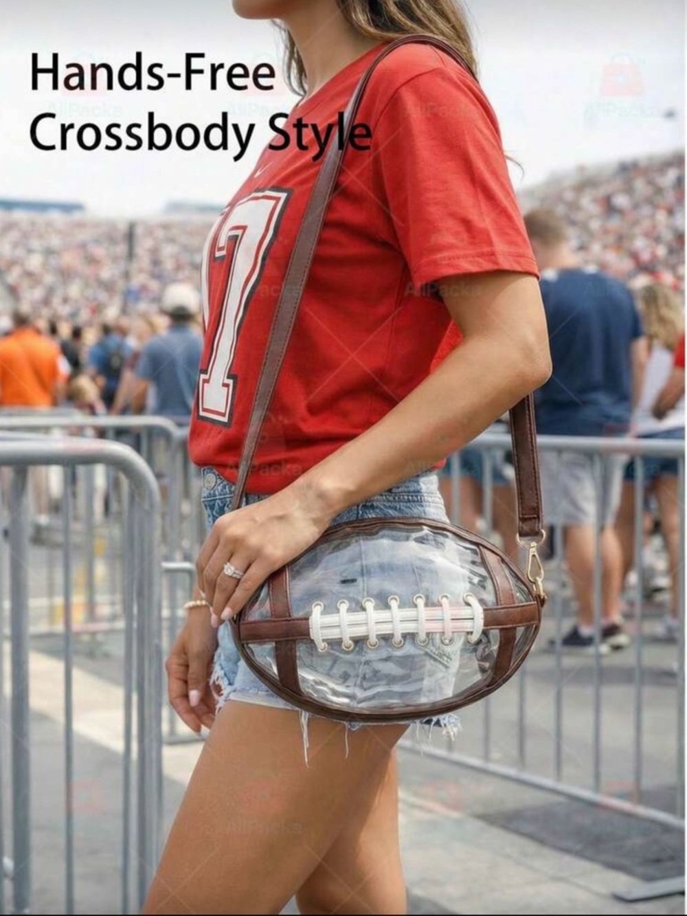 Clear Football Crossbody Bag with Brown Trim